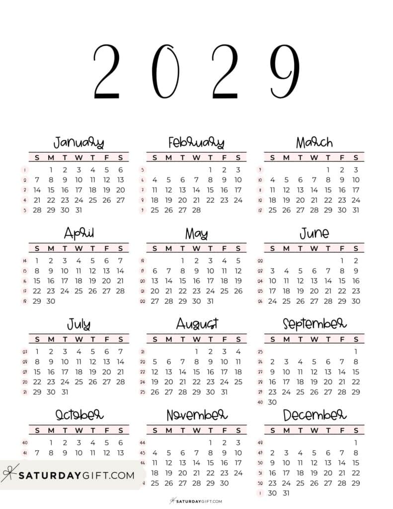 2029 Yearly Calendar with Week Numbers Printable