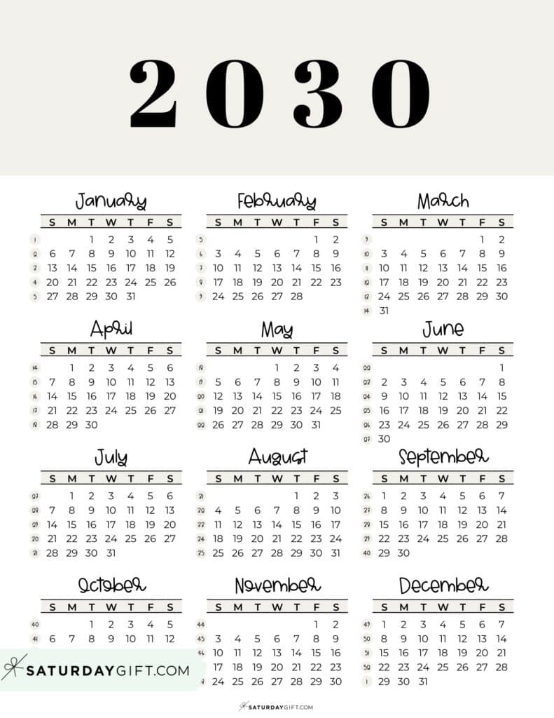 2030 Annual Calendar Printable with Week Numbers Sunday-Starting