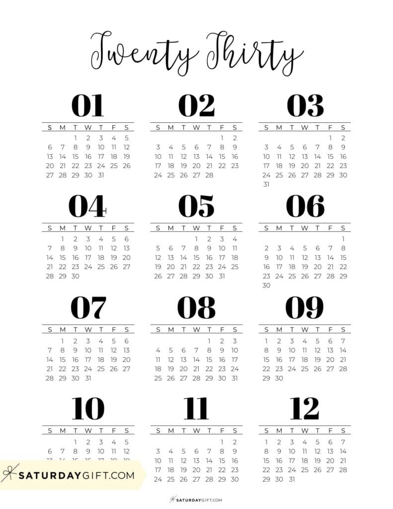 2030 Annual Calendar Template Printable PDF