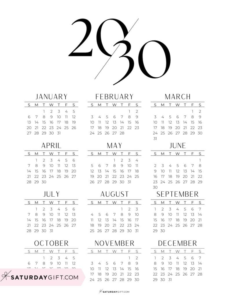 2030 Calendar Printable Aesthetic Black and White Calendar