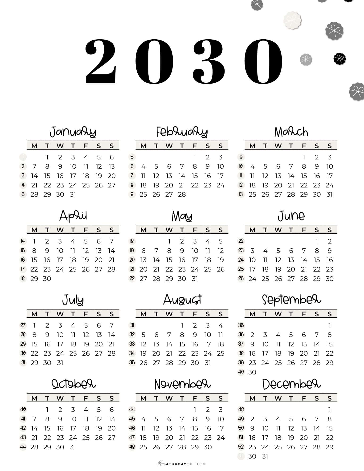 2030 Calendar Template PDF - Week numbers 2030 Monday-starting weeks | SaturdayGift