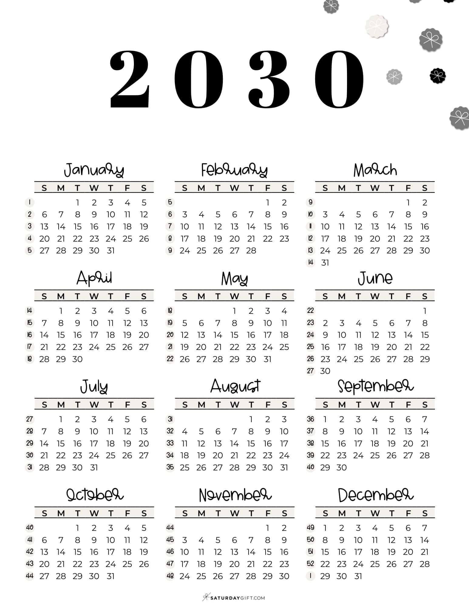 2030 Calendar Template PDF - Week numbers 2030 Sunday-starting weeks | SaturdayGift