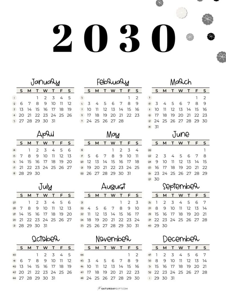 2030 Calendar Template - Week numbers 2030 Sunday-starting weeks