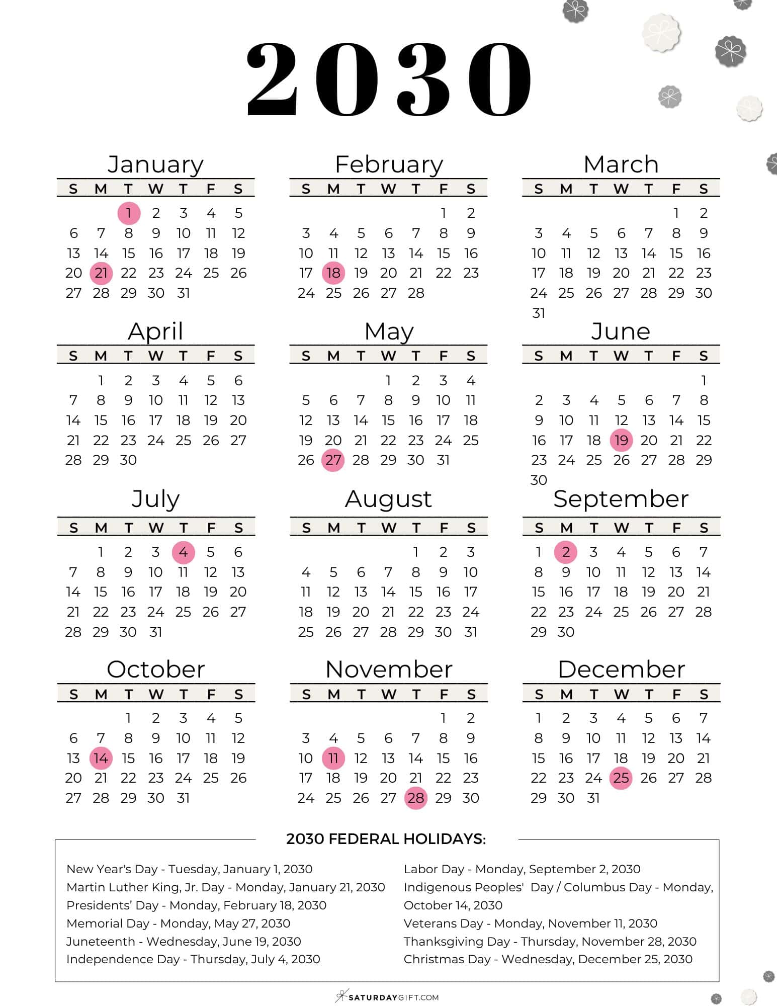 2030 Calendar with Federal Holidays in the U.S. PDF | SaturdayGift