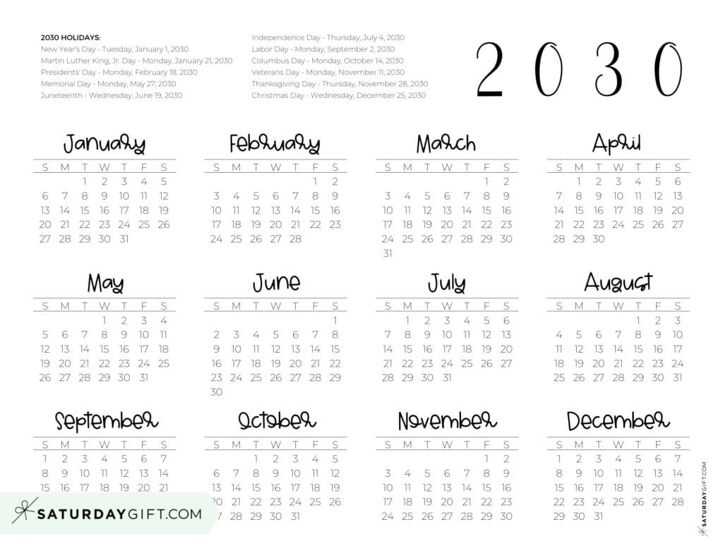 2030 Federal Holidays Calendar Landscape