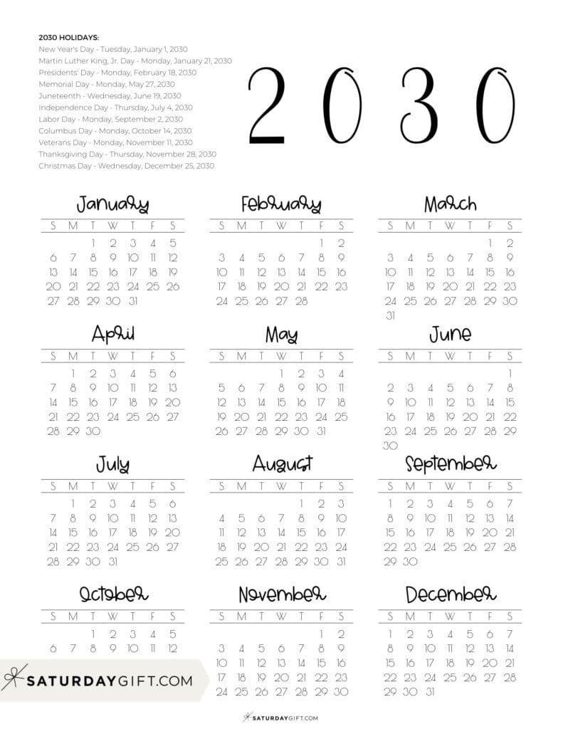 2030 Federal Holidays Calendar Portrait