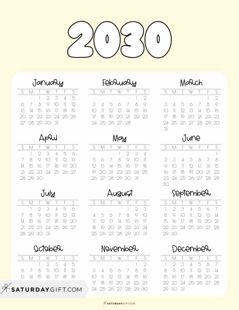 2030 Year Calendar Printable Free Download