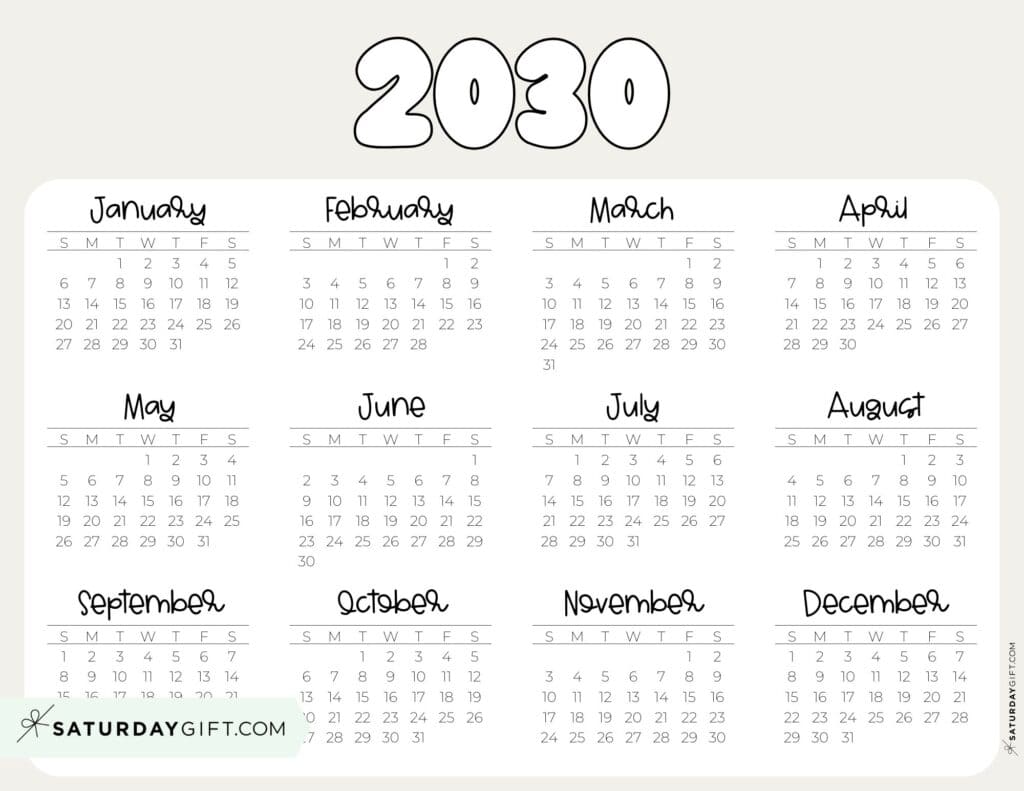 2030 Year Calendar Printable PDF Landscape Beige