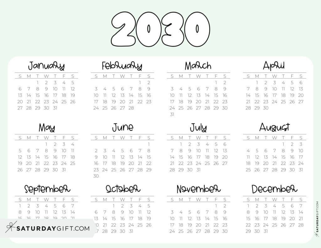 2030 Year Calendar Printable PDF Landscape Green