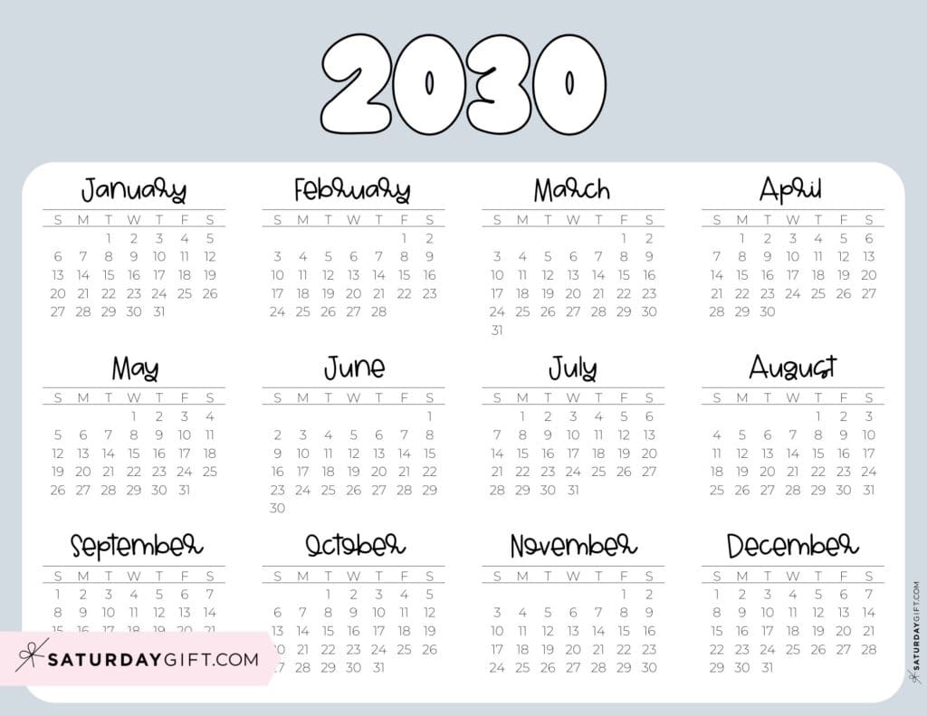 2030 Year Calendar Printable PDF Landscape Grey
