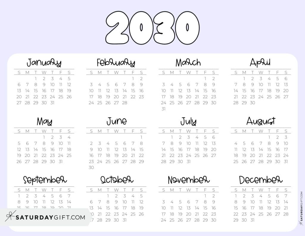 2030 Year Calendar Printable PDF Landscape Lilac
