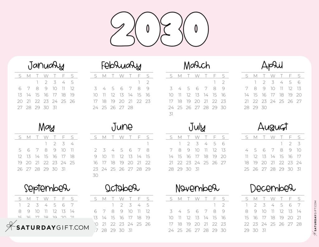 2030 Year Calendar Printable PDF Landscape Pink