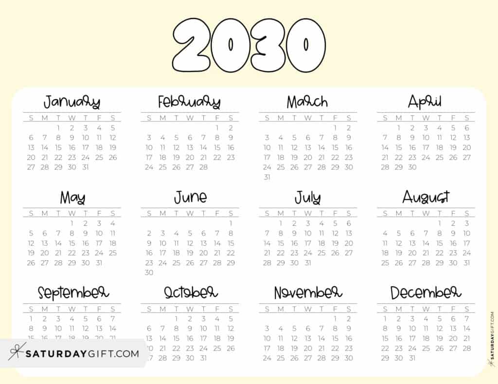 2030 Year Calendar Printable PDF Landscape Yellow