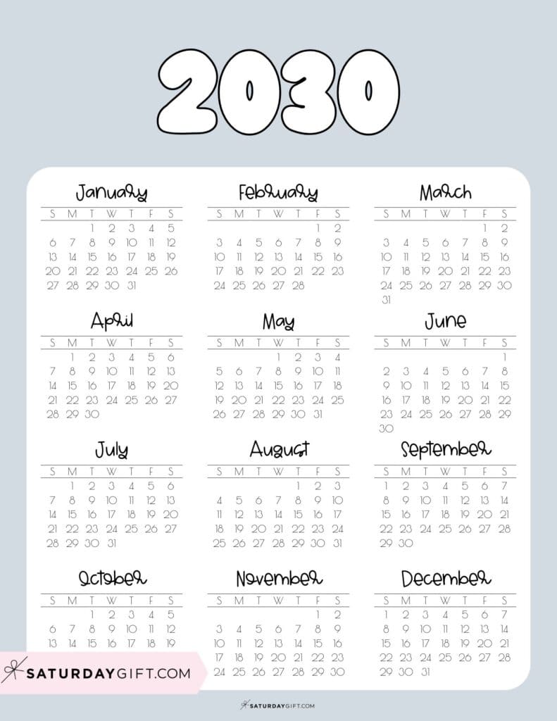 2030 Year Long Calendar Printable