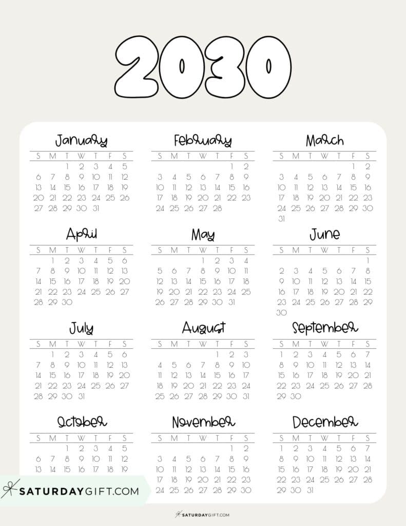 2030 Year at a Glance Calendar Printable PDF Beige