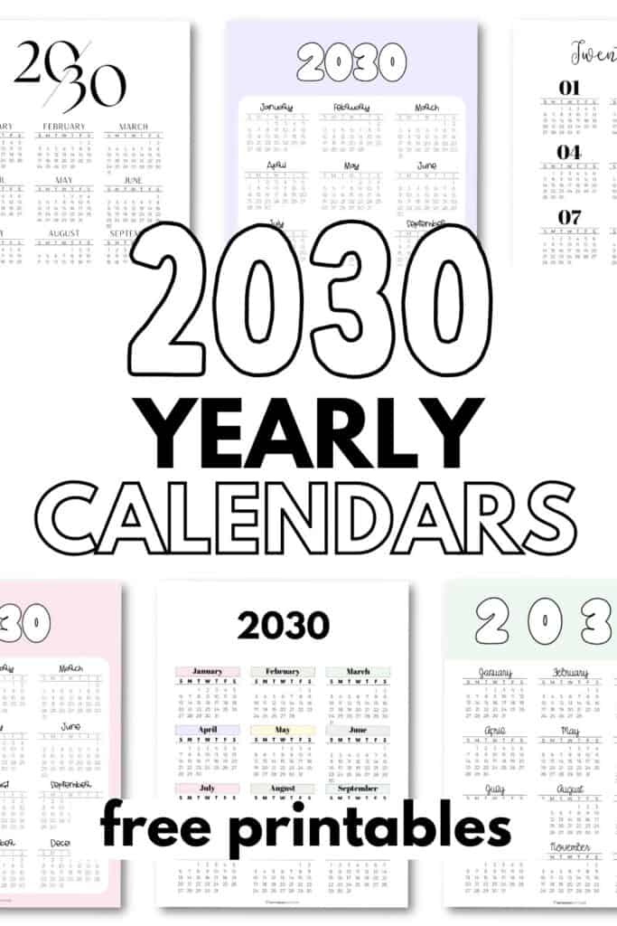 2030 Year at a Glance Calendars - Free Printables