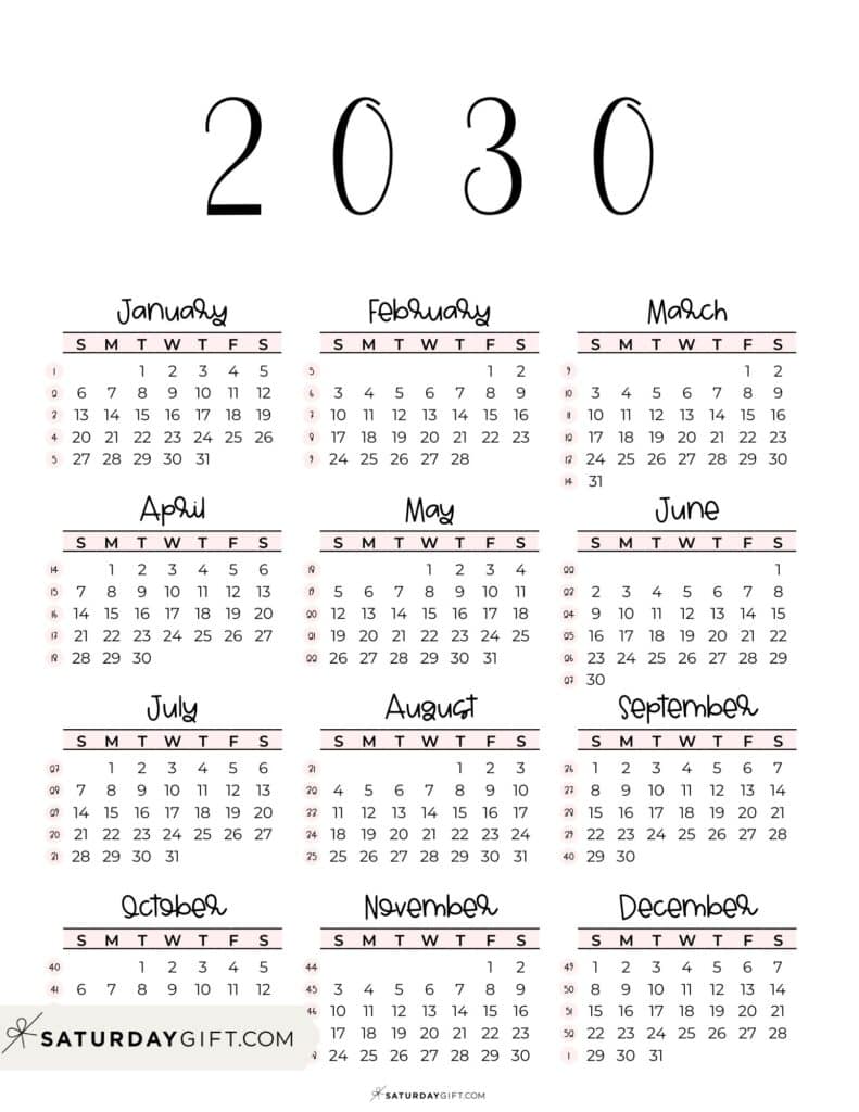 2030 Yearly Calendar with Week Numbers Printable
