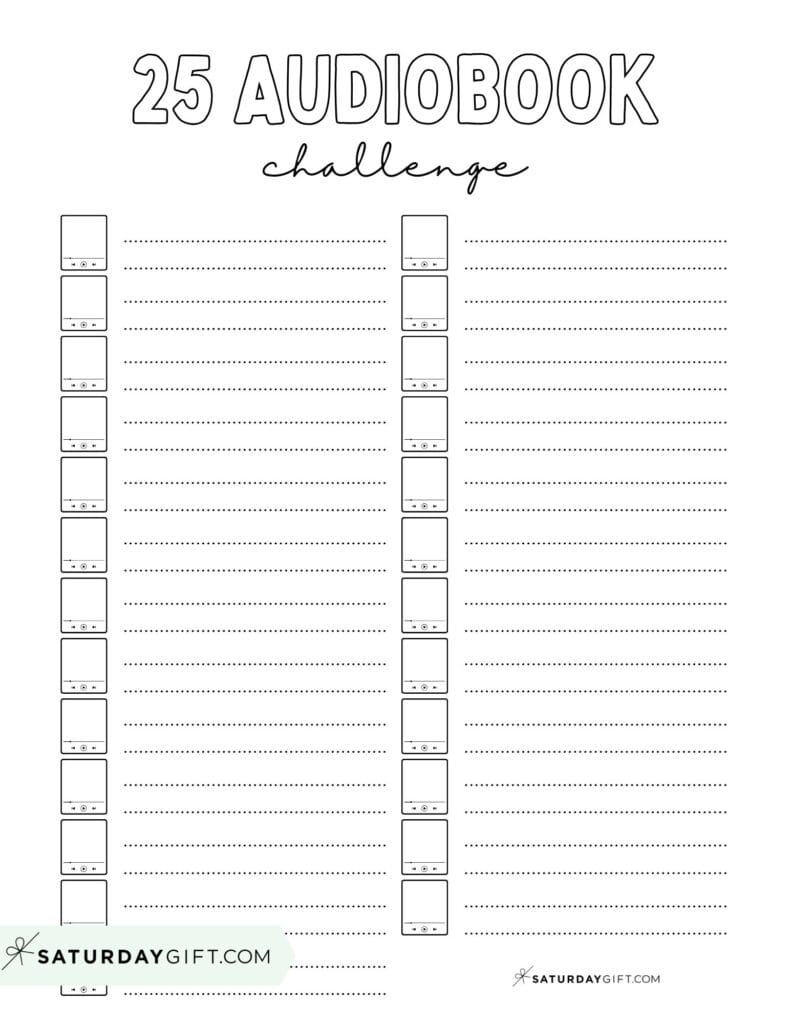 25 Audiobook Challenge Printable Free Blank Black & White List