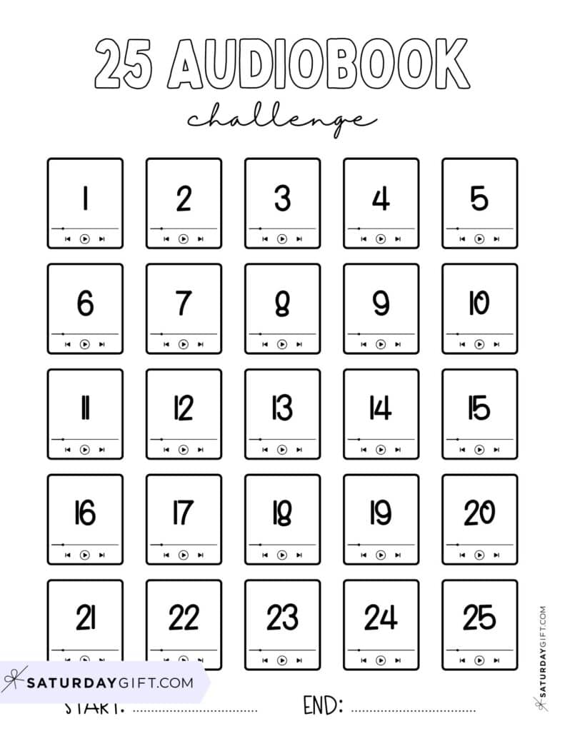 25 Audiobook Reading Challenge Template Numbered Black & White