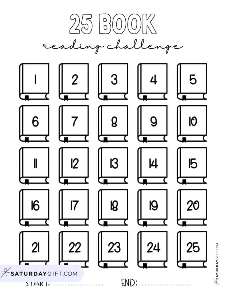 25 Book Reading Challenge Template Numbered Black & White