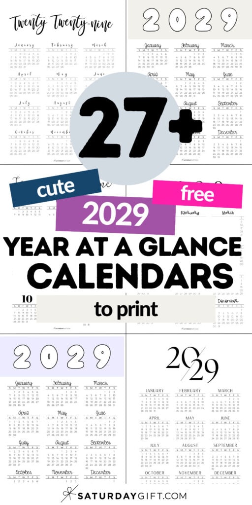 27+ Cute & Free 2029 Year At A Glance Calendars - To Print | SaturdayGift