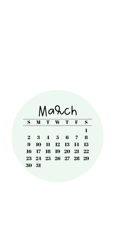 29. Light Green SaturdayGift 2025 March Calendar Wallpaper