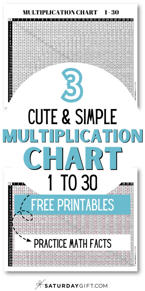 3 Cute & Simple Multiplication Chart 1 to 30 Free Printables - Practice Math Facts | SaturdayGift