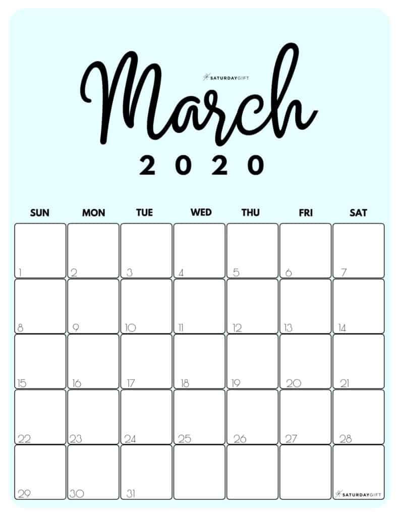 Cute amp Free Printable March - 3 Mar March 2020 Cute Monthly Calendar Blue PDF SaturdayGift 791x1024 