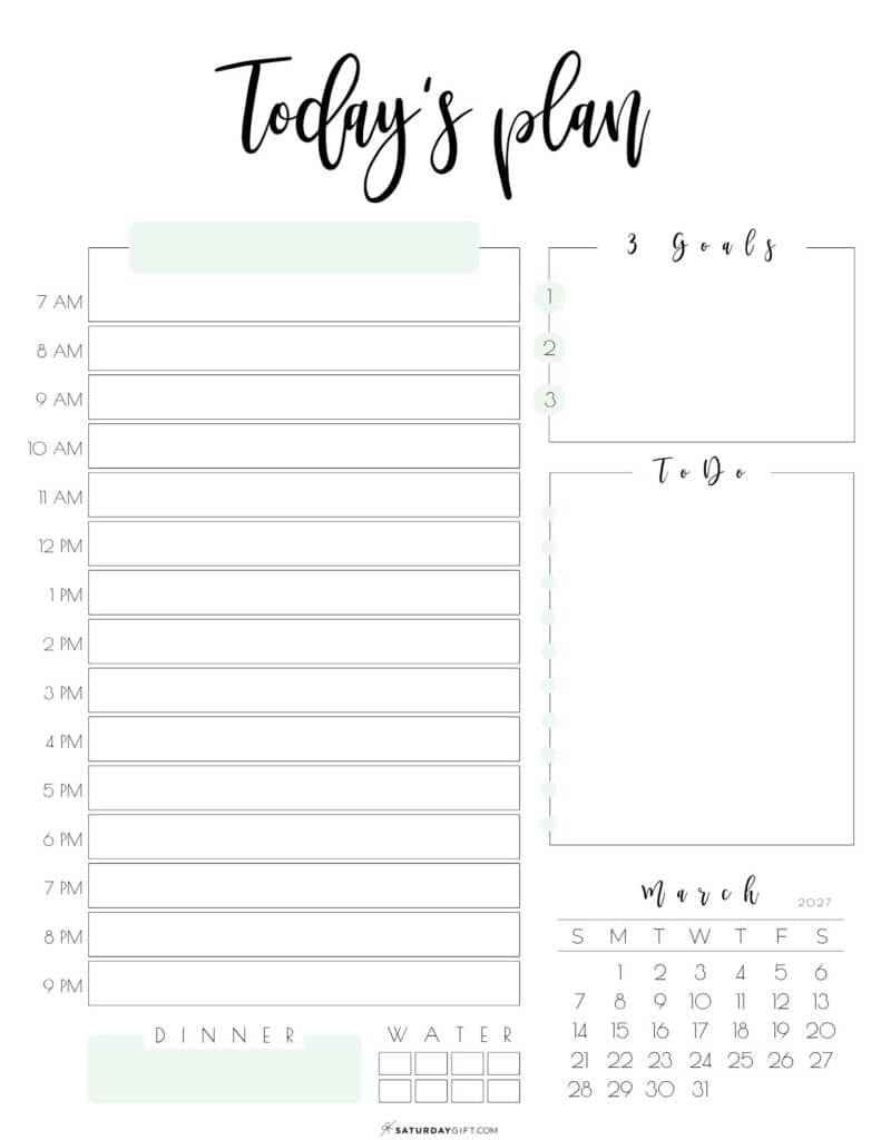 3 Today's Plan of Action Daily Planner March 2027 Sunday-start Green by SaturdayGift