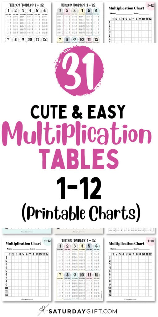 31 Cute and Easy Multiplication Tables 1 to 12 - Printable Charts | SaturdayGift
