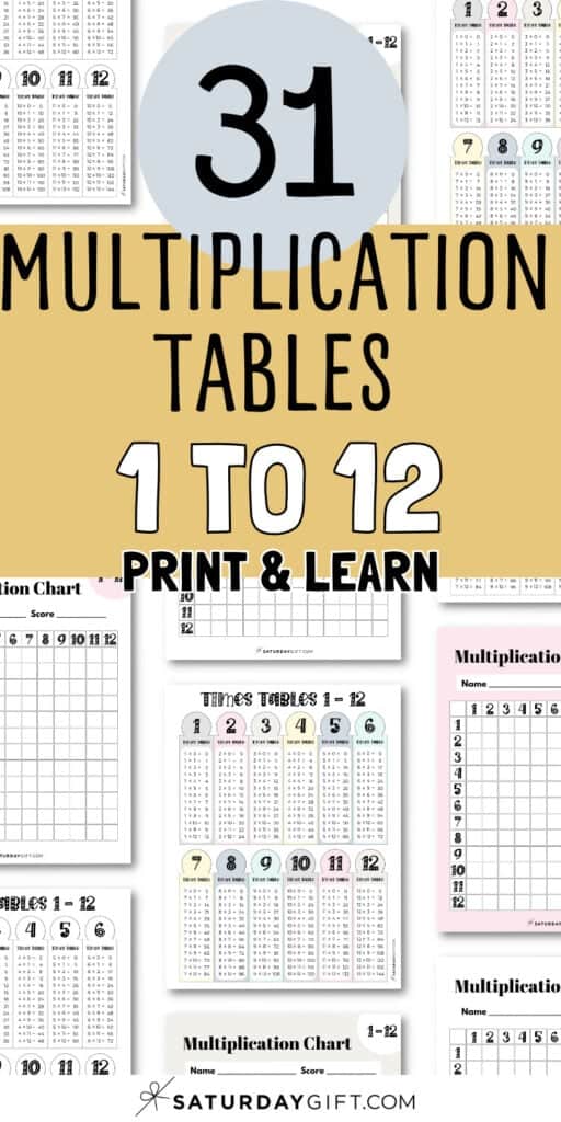 31 Multiplication Tables 1 to 12 - Print & Learn | SaturdayGift