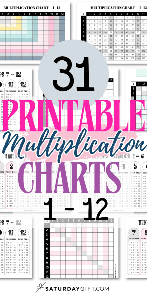 31 Printable Multiplication Charts 1-12 | SaturdayGift