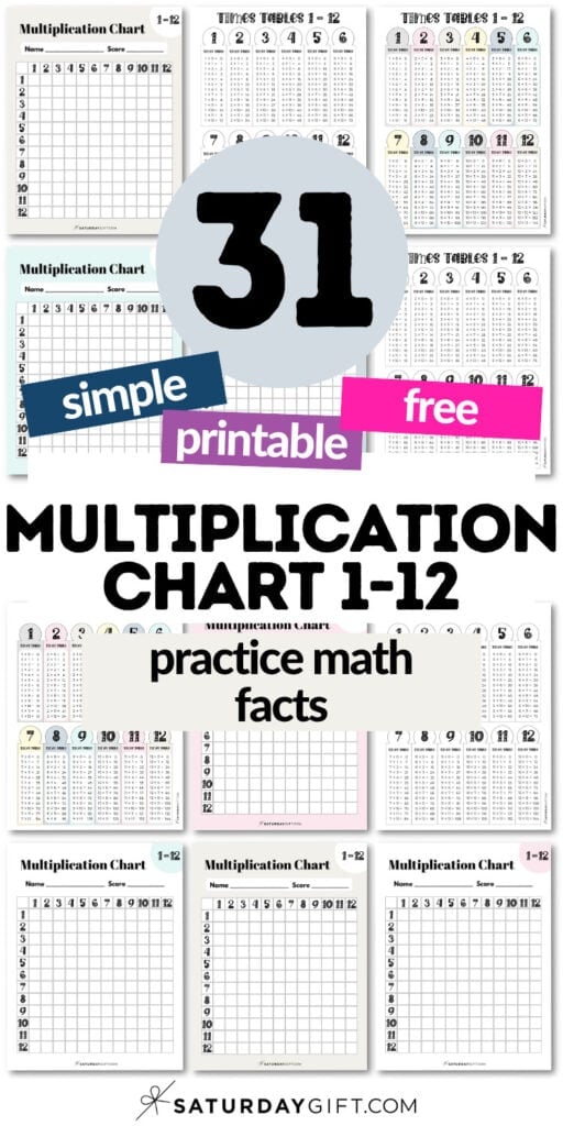 31 Simple Printable and Free Mutliplication Chart 1 to 12 - Practice Math Facts | SaturdayGift