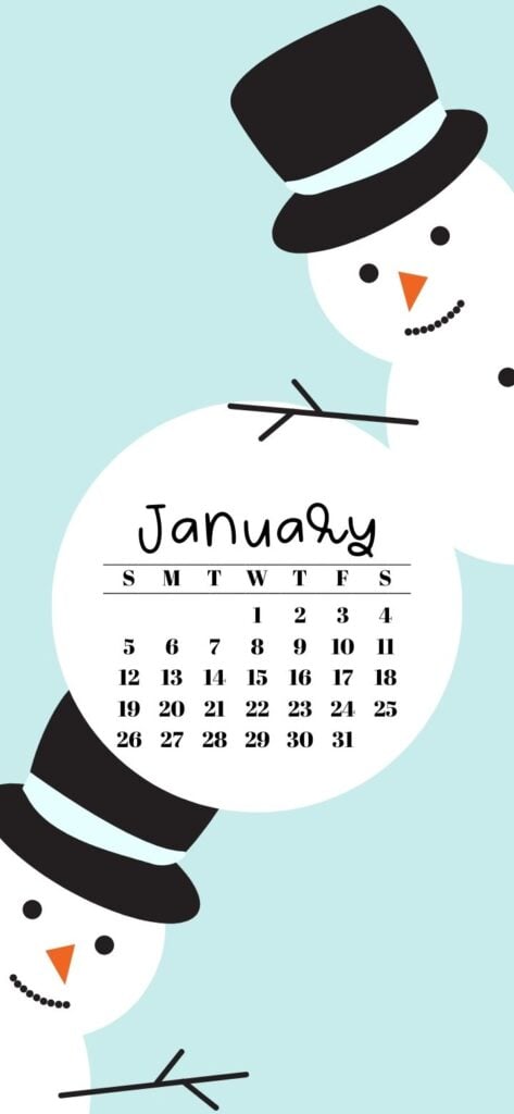 37. Cute Snowmen - Light Blue Background & January 2025 Calendar Wallpaper SaturdayGift