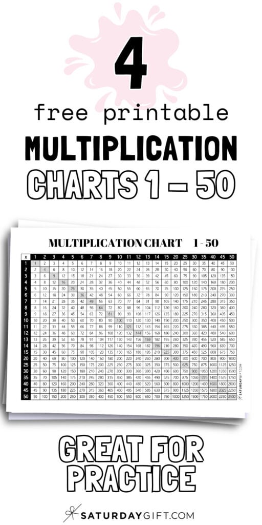 4 Free Printable Multiplication Charts 1 to 50 - Great for Practice | SaturdayGift