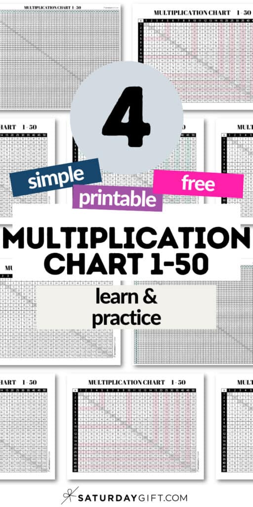 4 Simple Printable & Free Multiplication Chart 1 to 50 - Learn & Practice | SaturdayGift