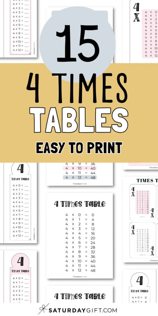 4 Times Tables - Easy to Print | SaturdayGift