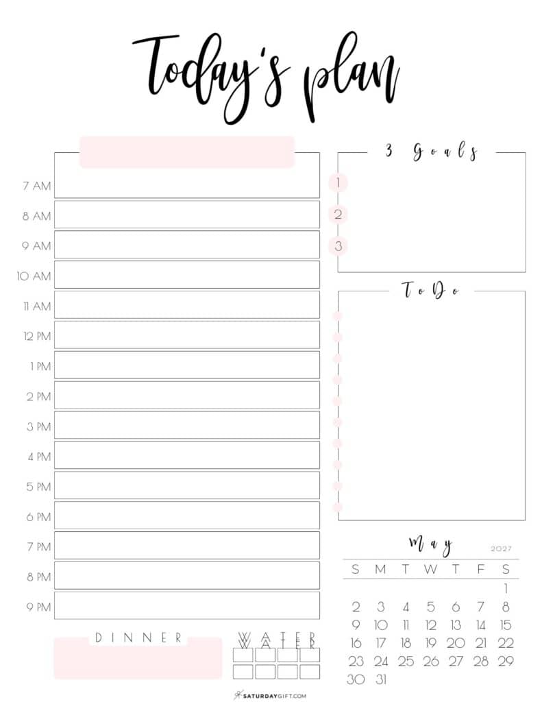 5 Today's Plan of Action Daily Planner May 2027 Sunday-start Pink by SaturdayGift