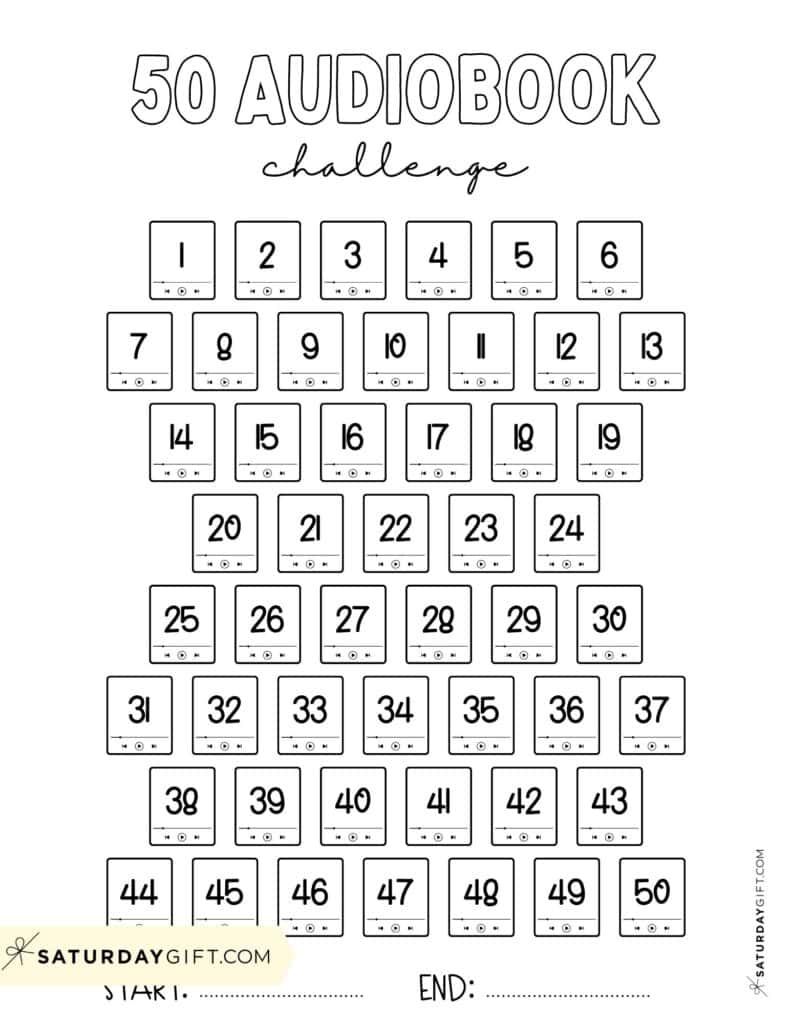 50 Audiobook Reading Challenge Template Numbered Black & White