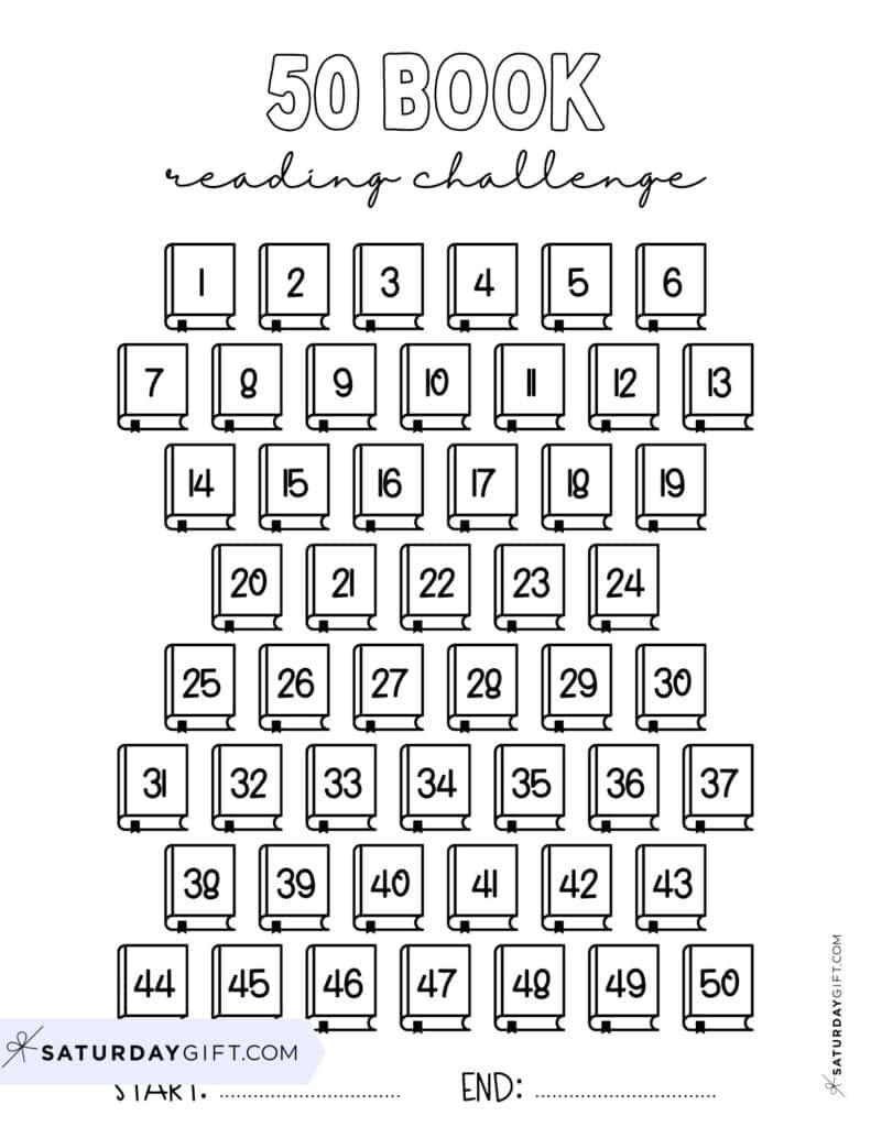 50 Book Reading Challenge Template Numbered Black & White