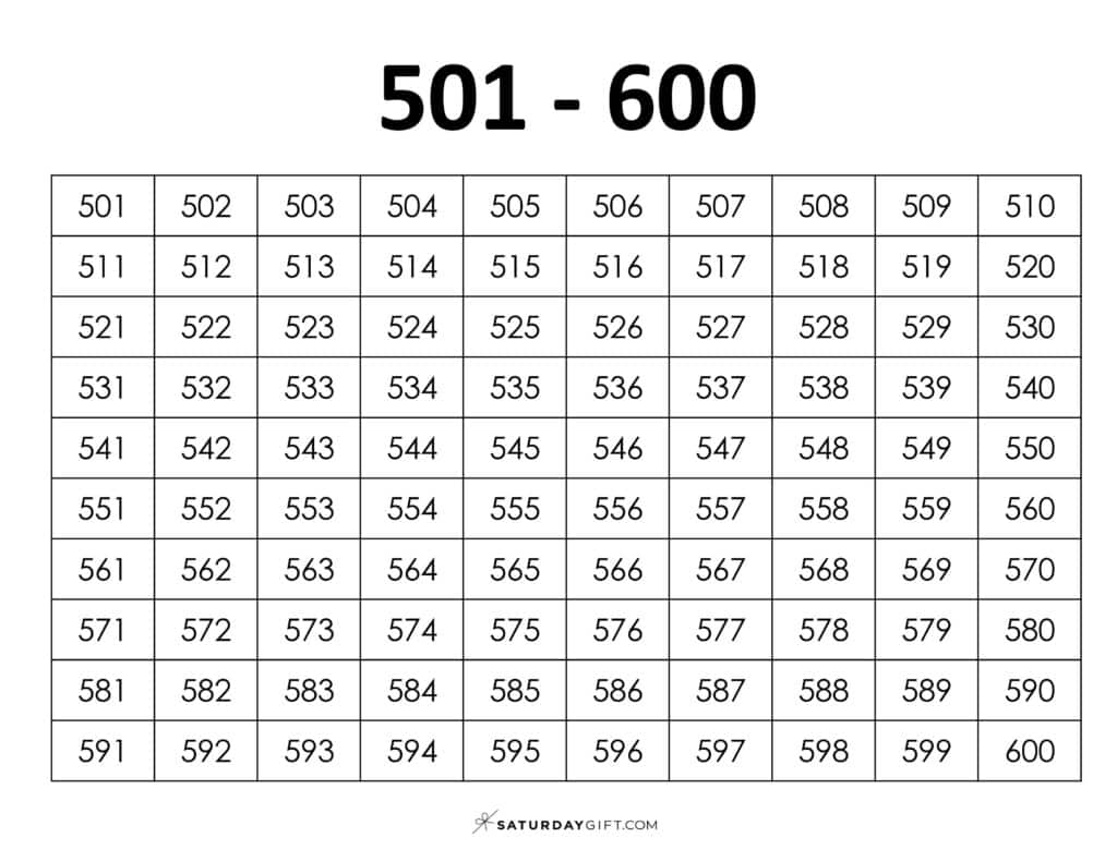501-600 Chart - Thousands chart worksheets PDF Landscape | SaturdayGift