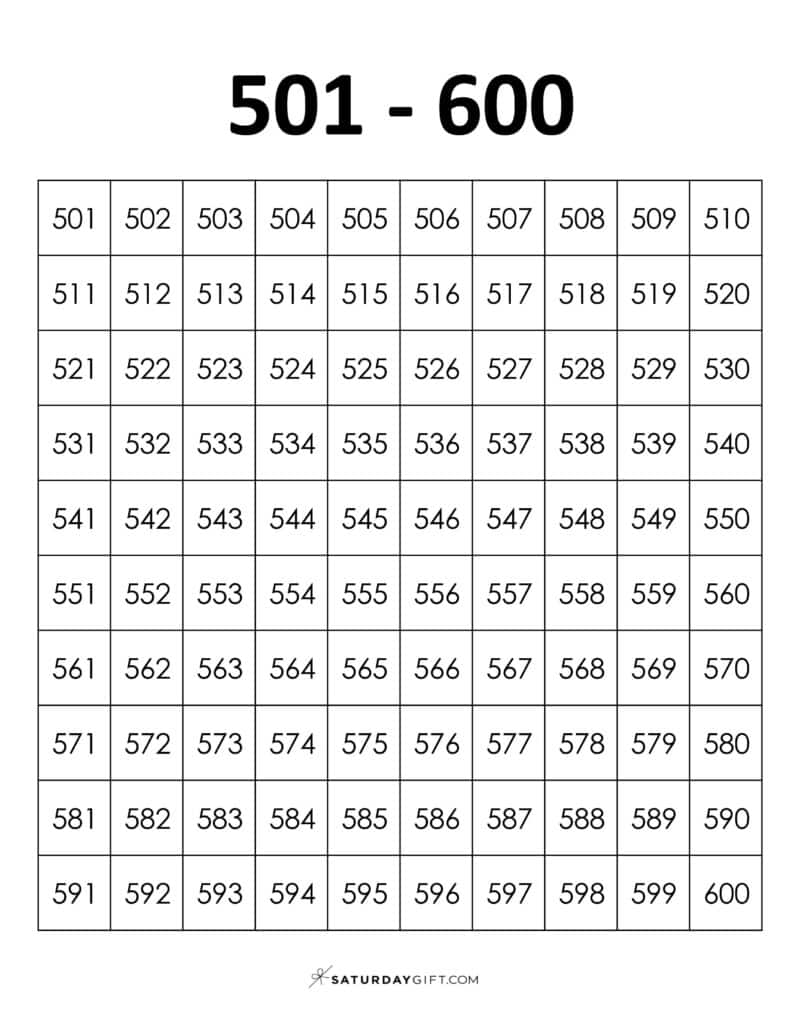 501-600 Chart - Thousands chart worksheets PDF Portrait | SaturdayGift