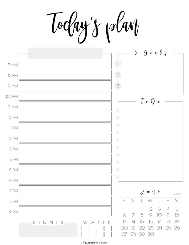 6 Today's Plan of Action Daily Planner June 2027 Sunday-start Grey by SaturdayGift