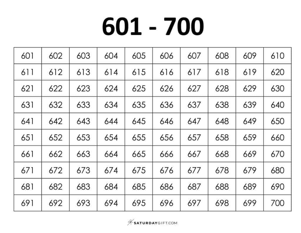 601-700 Chart - Thousands chart worksheets PDF Landscape | SaturdayGift