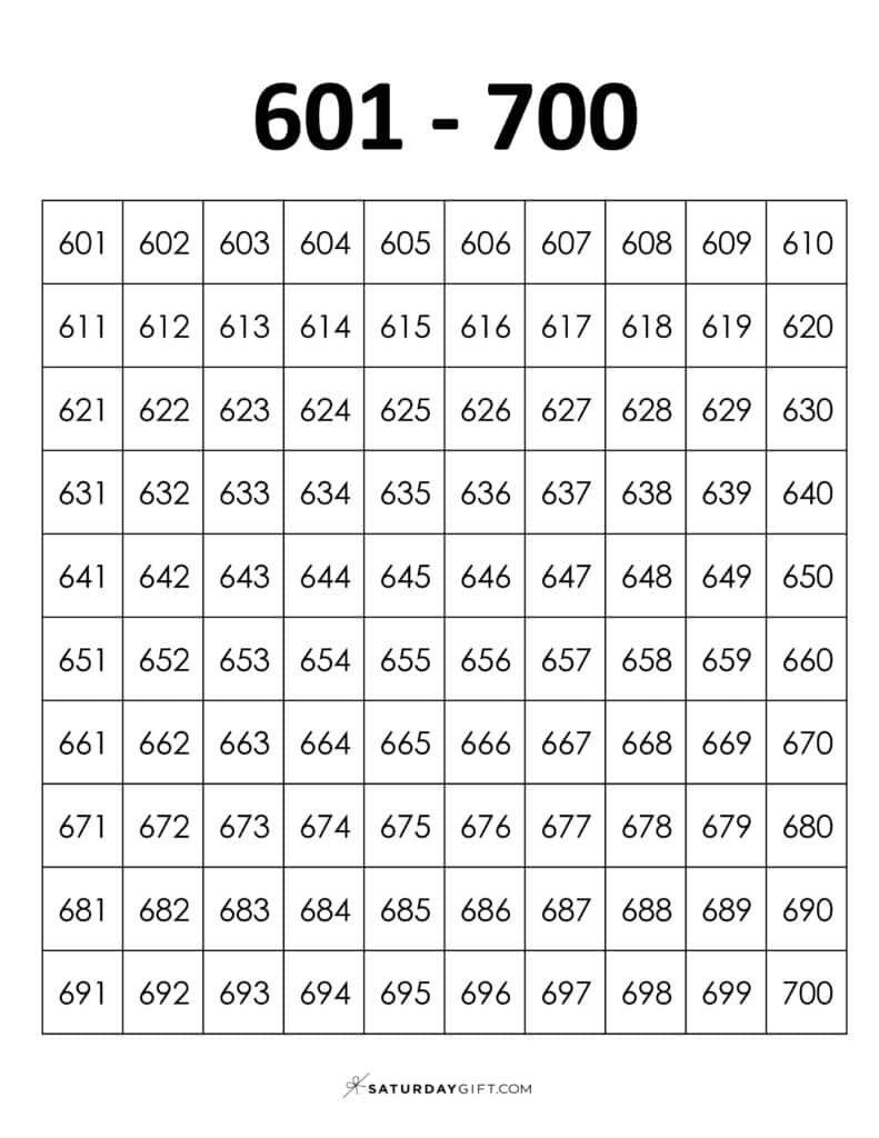 601-700 Chart - Thousands chart worksheets PDF Portrait | SaturdayGift