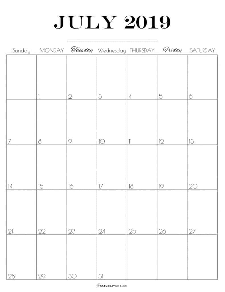 Pretty printable July 2019 Calendar vertical Sunday start Dated {Free Printables} | SaturdayGift