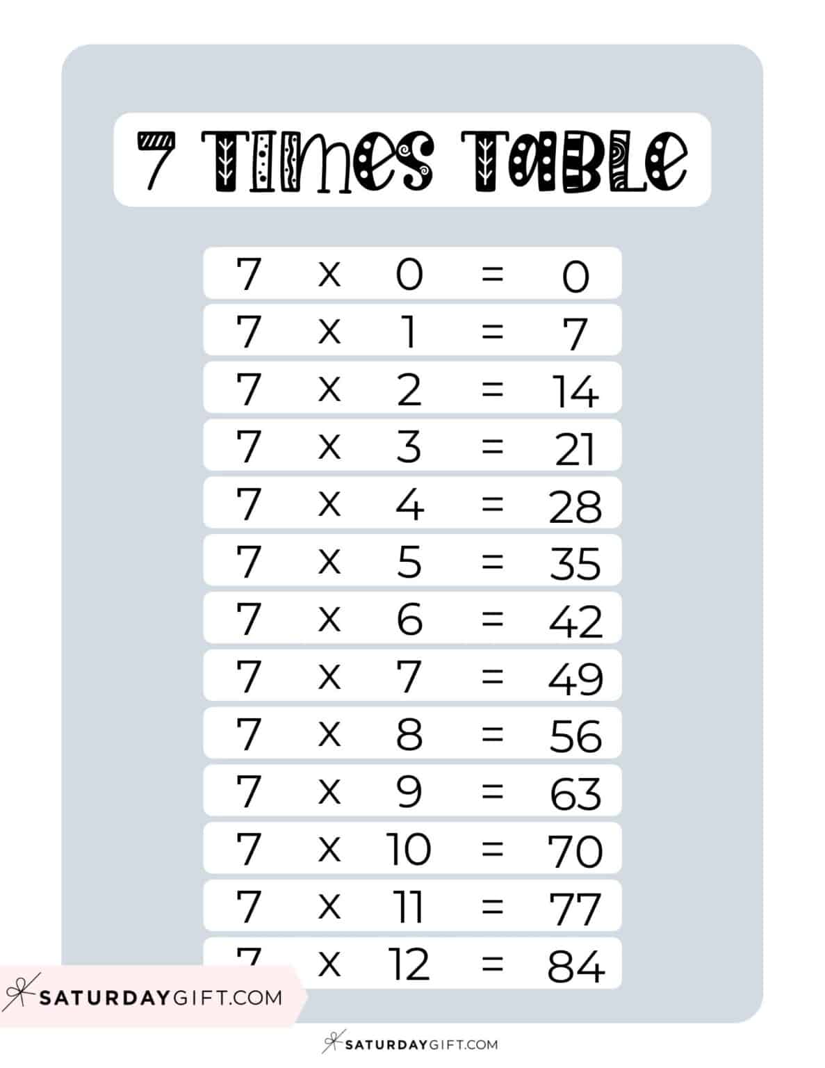 7 Times Table Chart - 15 Cute & Free Printables | SaturdayGift