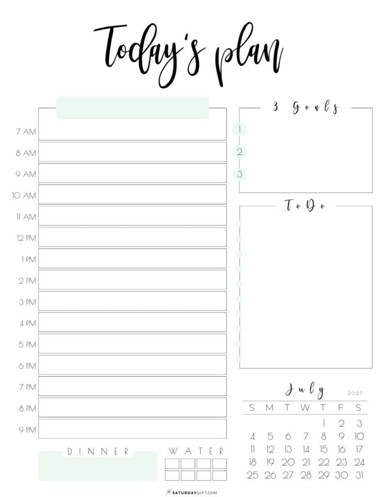 7 Today's Plan of Action Daily Planner July 2027 Sunday-start Green by SaturdayGift