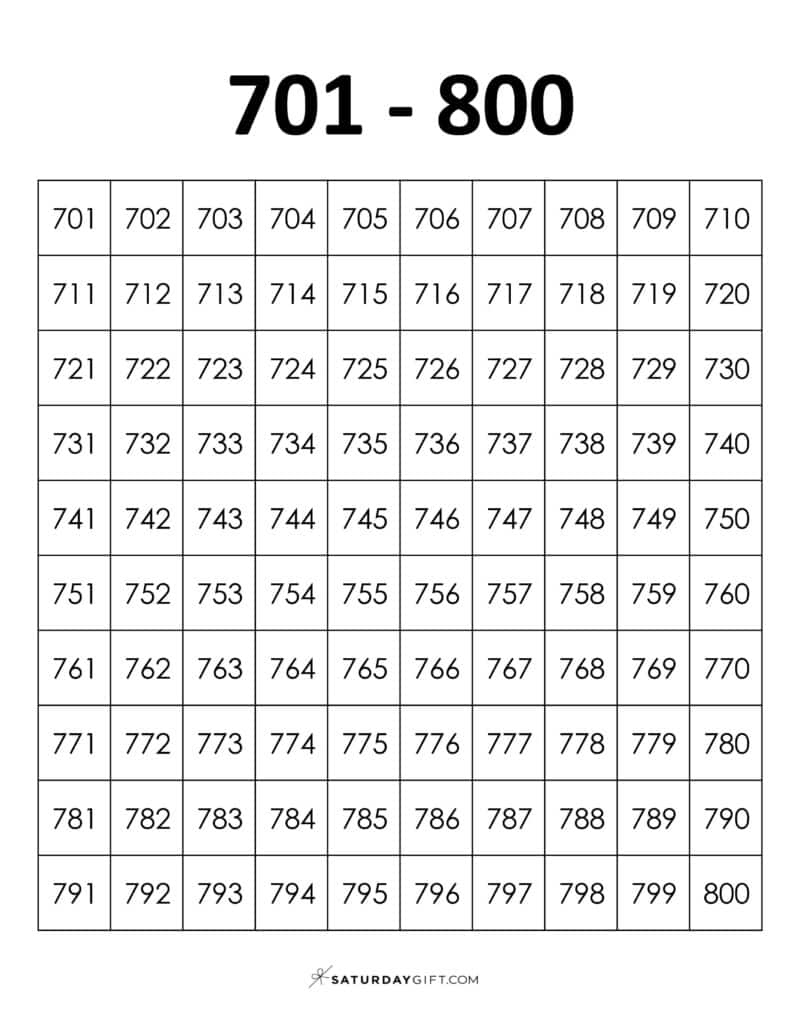 701-800 Chart - Thousands chart worksheets PDF Portrait | SaturdayGift