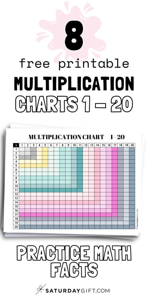 8 Free Printable Multiplication Charts 1-20 - Practice Math Facts | SaturdayGift